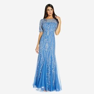 NWT BEADED GOWN WITH GODETS IN OCEAN DREAM SIZE 10